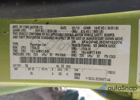 2013 Ford Fiesta Se from USA, damaged, VIN 3FADP4EJ5DM192076